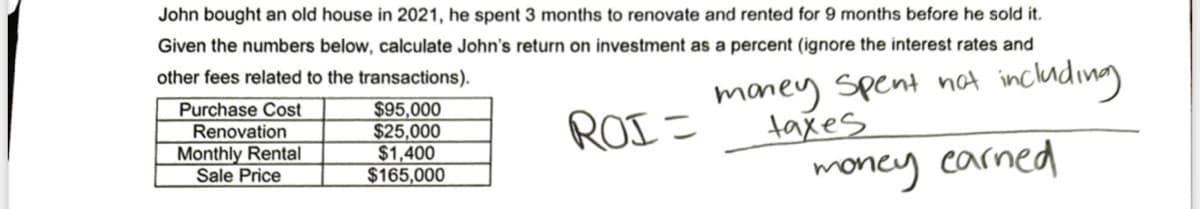 John bought an old house in 2021, he spent 3 months to renovate and rented for 9 months before he sold it.
Given the numbers below, calculate John's return on investment as a percent (ignore the interest rates and
other fees related to the transactions).
Purchase Cost
money spent not including
Renovation
Monthly Rental
Sale Price
ROI=
taxes
$95,000
$25,000
$1,400
$165,000
money earned