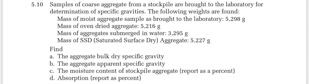 5.10 Samples of coarse aggregate from a stockpile are brought to the laboratory for
determination of specific gravities. The following weights are found:
Mass of moist aggregate sample as brought to the laboratory: 5,298 g
Mass of oven dried aggregate: 5,216 g
Mass of aggregates submerged in water: 3,295 g
Mass of SSD (Saturated Surface Dry) Aggregate: 5,227 g
Find
a. The aggregate bulk dry specific gravity
b. The aggregate apparent specific gravity
c. The moisture content of stockpile aggregate (report as a percent)
d. Absorption (report as percent)