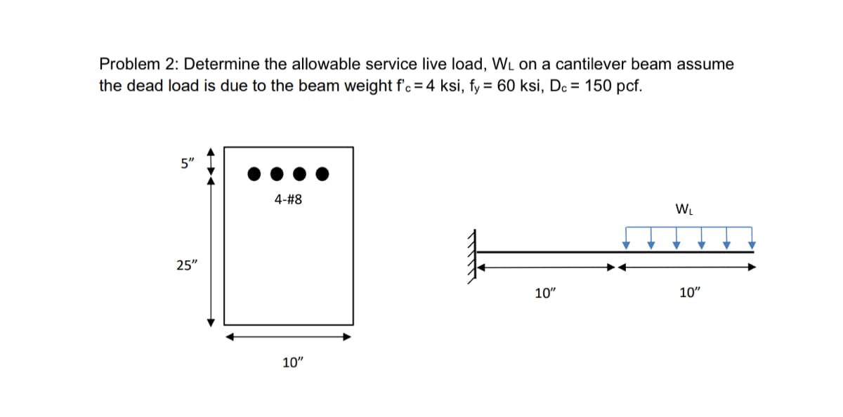Problem 2: Determine the allowable service live load, WL on a cantilever beam assume
the dead load is due to the beam weight f'c = 4 ksi, fy= 60 ksi, Dc= 150 pcf.
5"
25"
4-#8
10"
10"
W₁
▼ ▼
10"