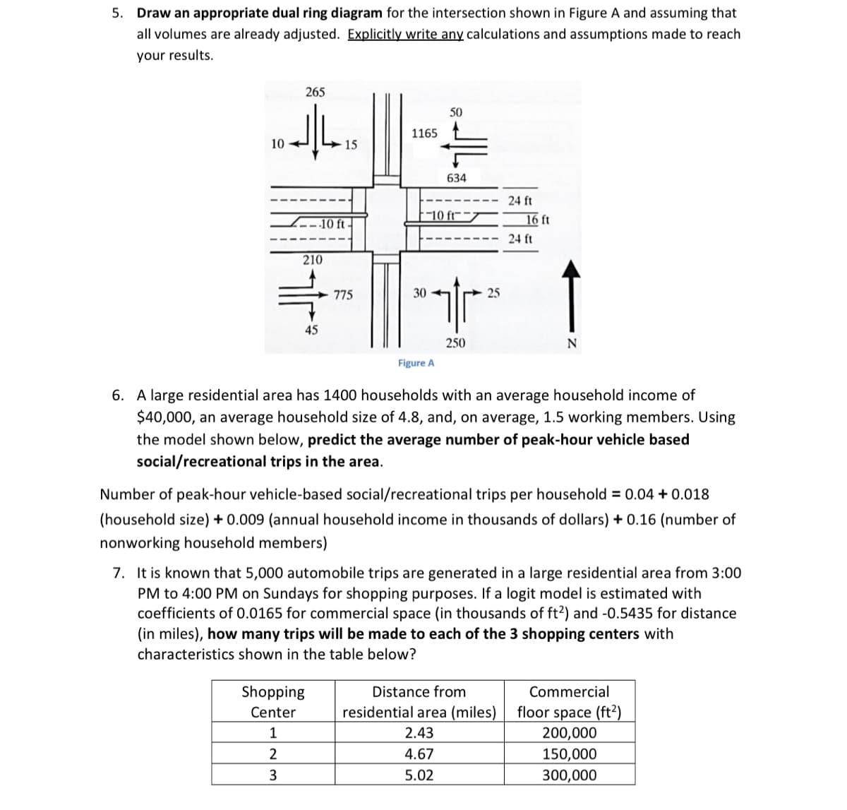 5. Draw an appropriate dual ring diagram for the intersection shown in Figure A and assuming that
all volumes are already adjusted. Explicitly write any calculations and assumptions made to reach
your results.
265
ما إلى
10-
210
-10 ft-
45
15
775
Shopping
Center
1
2
3
1165
30
50
는
634
10 ft-
Figure A
tr
250
25
24 ft
16 ft
24 ft
6. A large residential area has 1400 households with an average household income of
$40,000, an average household size of 4.8, and, on average, 1.5 working members. Using
the model shown below, predict the average number of peak-hour vehicle based
social/recreational trips in the area.
Distance from
residential area (miles)
2.43
4.67
5.02
N
Number of peak-hour vehicle-based social/recreational trips per household = 0.04 + 0.018
(household size) + 0.009 (annual household income in thousands of dollars) + 0.16 (number of
nonworking household members)
7. It is known that 5,000 automobile trips are generated in a large residential area from 3:00
PM to 4:00 PM on Sundays for shopping purposes. If a logit model is estimated with
coefficients of 0.0165 for commercial space (in thousands of ft²) and -0.5435 for distance
(in miles), how many trips will be made to each of the 3 shopping centers with
characteristics shown in the table below?
Commercial
floor space (ft²)
200,000
150,000
300,000