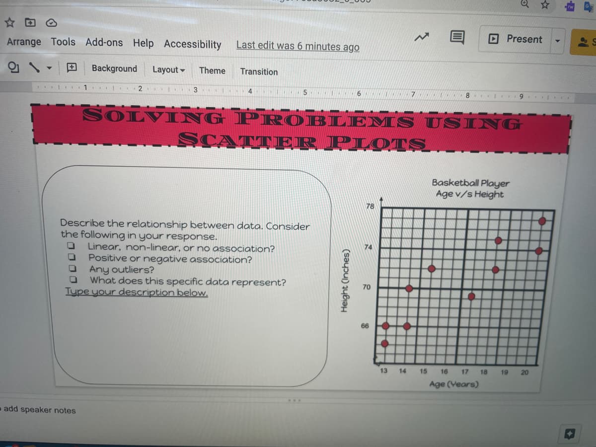 ☆回
Arrange Tools Add-ons Help Accessibility
Last edit was 6 minutes ago
Present
田
Background
Layout
Theme
Transition
| 1 2 3
4
SOLVING PR OBLEM S USING
SCATT ER PLOTS
Basketball Player
Age v/s Height
78
Describe the relationship between data. Consider
the following in your response.
Linear, non-linear, or no association?
Positive or negative association?
Any outliers?
What does this specific data represent?
Tupe your description below.
74
70
66
13
14
15
16
17
18
19
20
Age (Vears)
add speaker notes
Height (Inches)
