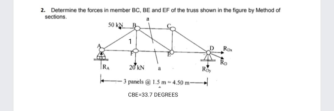 2. Determine the forces in member BC, BE and EF of the truss shown in the figure by Method of
sections.
a
50 kN
atd
RA
1
20 kN
3 panels @ 1.5 m 4.50 m-
CBE=33.7 DEGREES
RDY
RDN
Ro