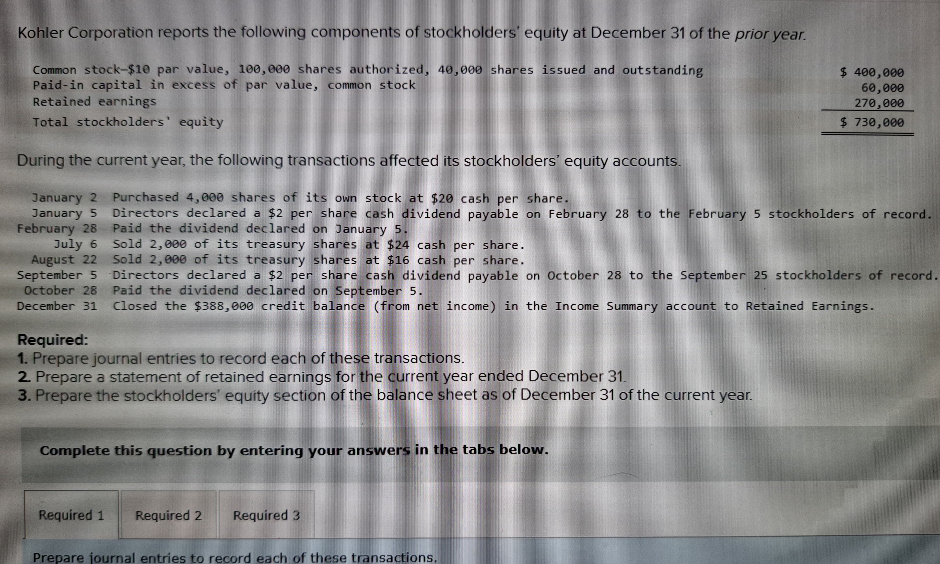 Kohler Corporation reports the following components of stockholders' equity at December 31 of the prior year.
Common stock-$10 par value, 100,000 shares authorized, 40,000 shares issued and outstanding
Paid-in capital in excess of par value, common stock
Retained earnings
Total stockholders' equity
During the current year, the following transactions affected its stockholders' equity accounts.
January 2 Purchased 4,000 shares of its own stock at $20 cash per share.
January 5
Directors declared a $2 per share cash dividend payable on February 28 to the February 5 stockholders of record.
Paid the dividend declared on January 5.
February 28
Sold 2,000 of its treasury shares at $24 cash per share.
Sold 2,000 of its treasury shares at $16 cash per share.
Directors declared a $2 per share cash dividend payable on October 28 to the September 25 stockholders of record.
Paid the dividend declared on September 5.
July 6
August 22
September 5
October 28
December 31 Closed the $388,000 credit balance (from net income) in the Income Summary account to Retained Earnings.
Required:
1. Prepare journal entries to record each of these transactions.
2. Prepare a statement of retained earnings for the current year ended December 31.
3. Prepare the stockholders' equity section of the balance sheet as of December 31 of the current year.
Complete this question by entering your answers in the tabs below.
$ 400,000
60,000
270,000
$ 730,000
Required 1 Required 2
Required 3
Prepare journal entries to record each of these transactions.