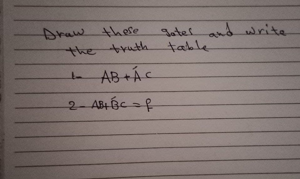 Araw these
and write
gater
thetruth
table
AB+ÁC
2 ABTBC f
