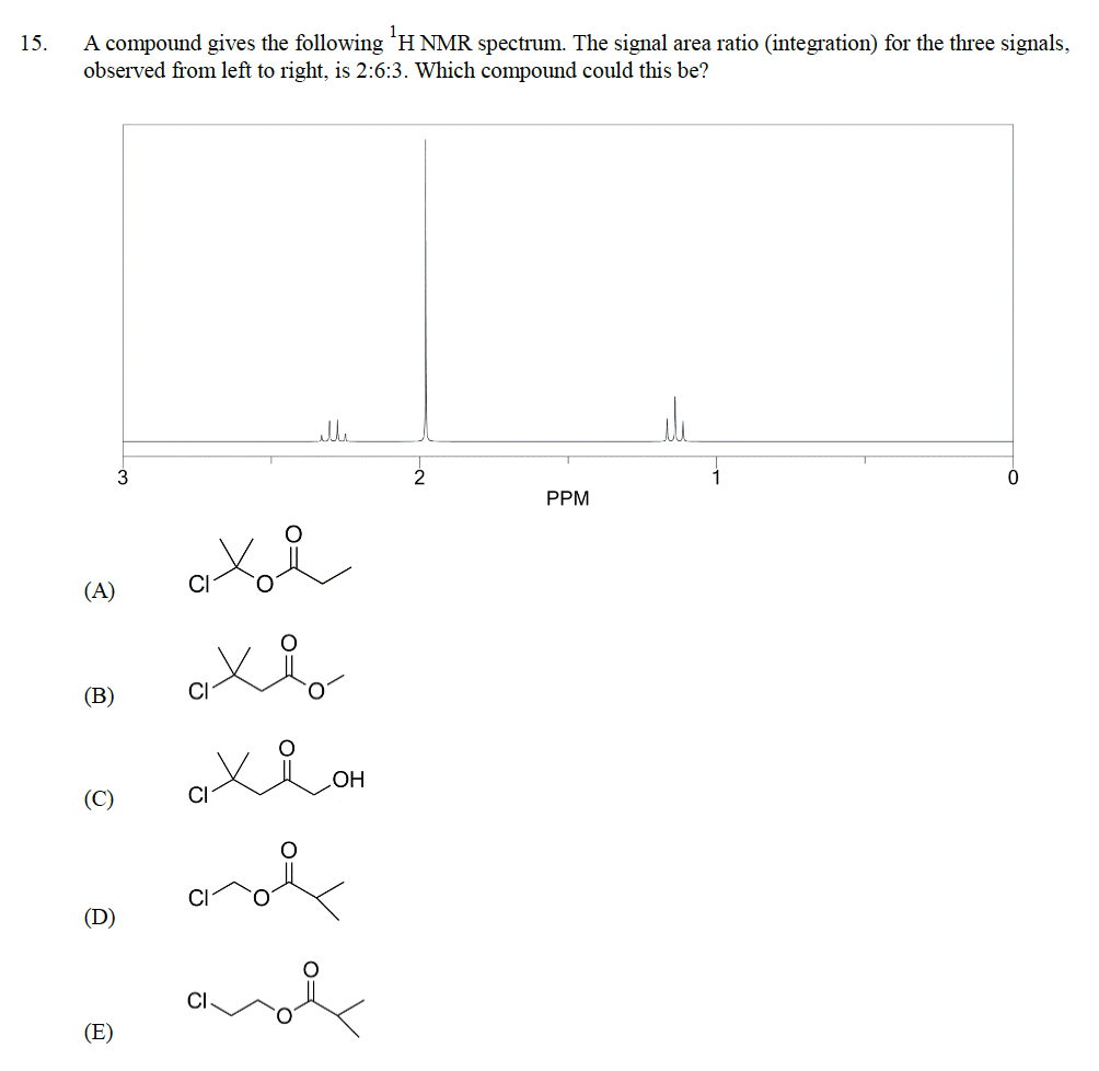 15.
A compound gives the following ¹H NMR spectrum. The signal area ratio (integration) for the three signals,
observed from left to right, is 2:6:3. Which compound could this be?
(A)
(B)
(C)
(D)
3
(E)
illi
axi
axi
CI
OH
anote
add
2
PPM
0