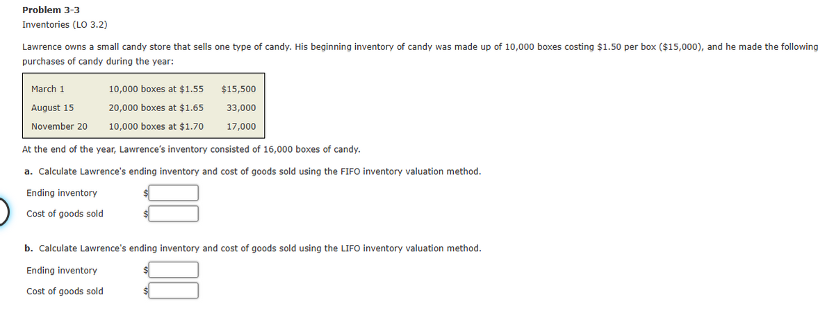 Problem 3-3
Inventories (LO 3.2)
Lawrence owns a small candy store that sells one type of candy. His beginning inventory of candy was made up of 10,000 boxes costing $1.50 per box ($15,000), and he made the following
purchases of candy during the year:
March 1
10,000 boxes at $1.55
$15,500
August 15
20,000 boxes at $1.65
33,000
November 20
10,000 boxes at $1.70
17,000
At the end of the year, Lawrence's inventory consisted of 16,000 boxes of candy.
a. Calculate Lawrence's ending inventory and cost of goods sold using the FIFO inventory valuation method.
Ending inventory
Cost of goods sold
b. Calculate Lawrence's ending inventory and cost of goods sold using the LIFO inventory valuation method.
Ending inventory
Cost of goods sold