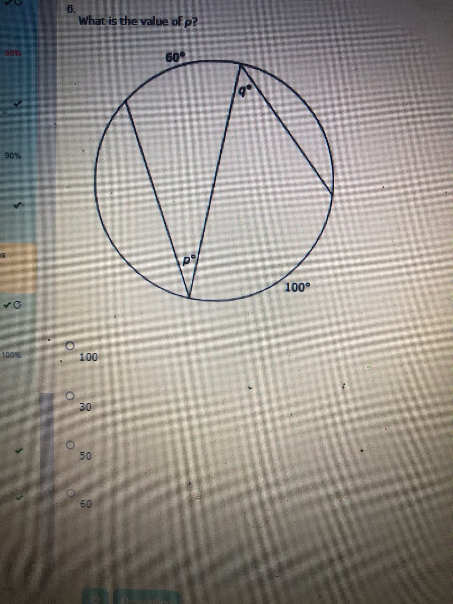 6.
What is the value of p?
60
90%
Do
100°
100%
100
30
50
60
