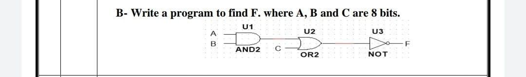 B- Write a program to fünd F. where A, B and C are 8 bits.
U1
A
U2
U3
B
AND2
OR2
NOT
