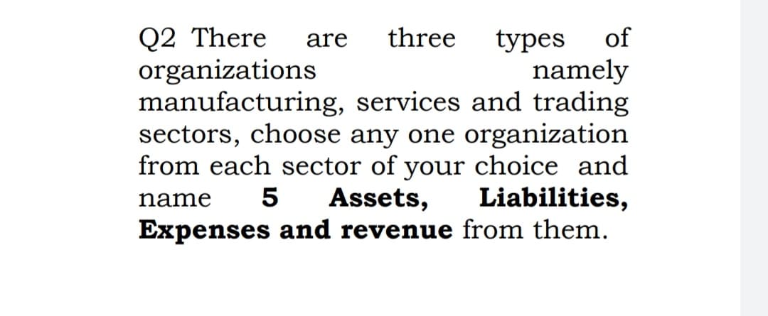 Q2 There
organizations
three
of
types
namely
manufacturing, services and trading
sectors, choose any one organization
from each sector of your choice and
Liabilities,
Expenses and revenue from them.
are
name
5
Assets,
