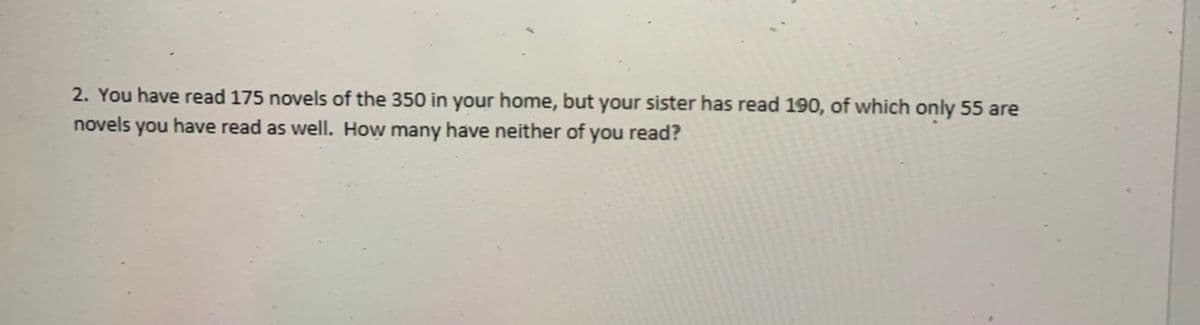 **Problem Statement:**

You have read 175 novels of the 350 in your home, but your sister has read 190, of which only 55 are novels you have read as well. How many have neither of you read?

**Solution Explanation:**

To solve this problem, consider the following:

1. **Total Novels:** 350
2. **Novels You Have Read:** 175
3. **Novels Your Sister Has Read:** 190
4. **Novels Both Have Read:** 55

   Using these numbers, we apply the inclusion-exclusion principle to find out how many novels have been read by either you or your sister:

   \[
   \text{Total novels read by either of you} = (\text{Novels you have read}) + (\text{Novels your sister has read}) - (\text{Novels both have read})
   \]

   \[
   = 175 + 190 - 55 = 310
   \]

5. **Novels Neither Have Read:**

   Subtract the total novels read by either of you from the total number of novels:

   \[
   \text{Novels neither of you have read} = 350 - 310 = 40
   \]

Thus, the number of novels that neither of you have read is 40.
