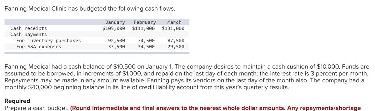 Fanning Medical Clinic has budgeted the following cash flows.
January
$105,000
February
$111,000
March
Cash receipts
Cash payments
For inventory purchases
For S&A expenses
$131,000
92,500
33,500
74,500
34,500
87,500
29,500
Fanning Medical had a cash balance of $10,500 on January 1. The company desires to maintain a cash cushion of $10,000. Funds are
assumed to be borrowed, in increments of $1,000, and repaid on the last day of each month; the interest rate is 3 percent per month.
Repayments may be made in any amount available. Fanning pays its vendors on the last day of the month also. The company had a
monthly $40,000 beginning balance in its line of credit liability account from this year's quarterly results.
Required
Prepare a cash budget. (Round intermediate and final answers to the nearest whole dollar amounts. Any repayments/shortage
