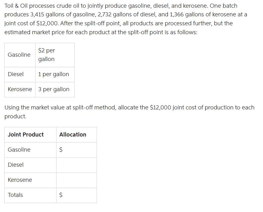 Toil & Oil processes crude oil to jointly produce gasoline, diesel, and kerosene. One batch
produces 3,415 gallons of gasoline, 2,732 gallons of diesel, and 1,366 gallons of kerosene at a
joint cost of $12,000. After the split-off point, all products are processed further, but the
estimated market price for each product at the split-off point is as follows:
$2 per
gallon
1 per gallon
Kerosene 3 per gallon
Gasoline
Diesel
Using the market value at split-off method, allocate the $12,000 joint cost of production to each
product.
Joint Product
Gasoline
Diesel
Kerosene
Totals
Allocation
is
$
$
