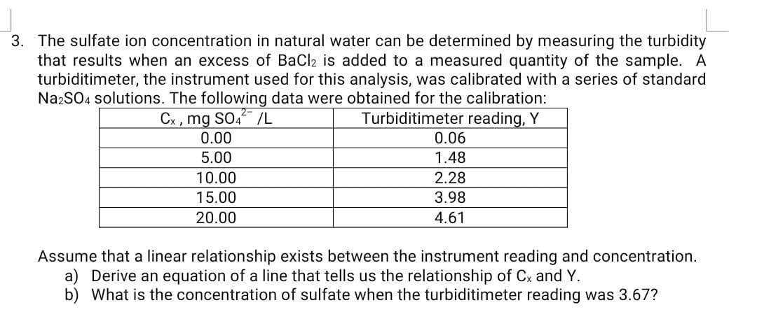 3. The sulfate ion concentration in natural water can be determined by measuring the turbidity
that results when an excess of BaCl2 is added to a measured quantity of the sample. A
turbiditimeter, the instrument used for this analysis, was calibrated with a series of standard
Na2SO4 solutions. The following data were obtained for the calibration:
Cx , mg SO4- /L
0.00
Turbiditimeter reading, Y
0.06
5.00
1.48
10.00
2.28
15.00
3.98
20.00
4.61
Assume that a linear relationship exists between the instrument reading and concentration.
a) Derive an equation of a line that tells us the relationship of Cx and Y.
b) What is the concentration of sulfate when the turbiditimeter reading was 3.67?
