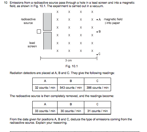 10 Emissions from a radioactive source pass through a hole in a lead screen and into a magnetic
field, as shown in Fig. 10.1. The experiment is carried out in a vacuum.
X
X
X
X •A magnetic field
| into paper
radioactive
X
X
X
source
X
X
X
•B
X
X
X
X
lead
X
X
X
X
screen
X
X
.C
3 cm
Fig. 10.1
Radiation detectors are placed at A, B and C. They give the following readings:
A
B
32 counts / min
543 counts / min
396 counts / min
The radioactive source is then completely removed, and the readings become:
A
B
33 counts / min
30 counts / min
31 counts / min
From the data given for positions A, B and C, deduce the type of emissions coming from the
radioactive source. Explain your reasoning.
