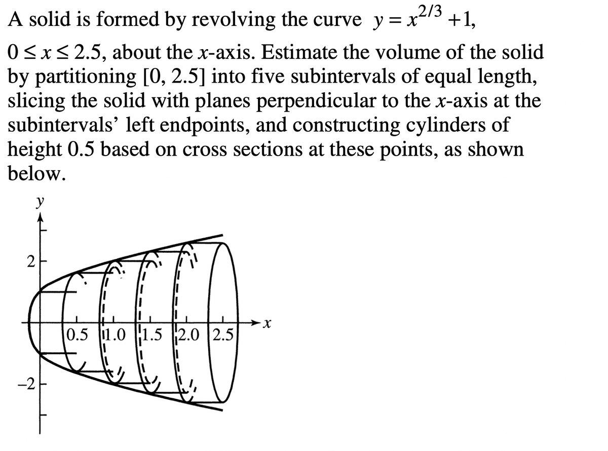 A solid is formed by revolving the curve y = x²/3 +1,
0 ≤ x ≤ 2.5, about the x-axis. Estimate the volume of the solid
by partitioning [0, 2.5] into five subintervals of equal length,
slicing the solid with planes perpendicular to the x-axis at the
subintervals' left endpoints, and constructing cylinders of
height 0.5 based on cross sections at these points, as shown
below.
y
2
-2
0.5 1.0 1.5 2.0 2.5
X