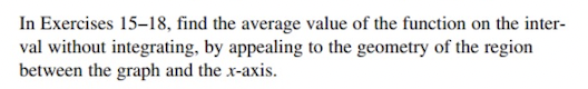 In Exercises 15-18, find the average value of the function on the inter-
val without integrating, by appealing to the geometry of the region
between the graph and the x-axis.