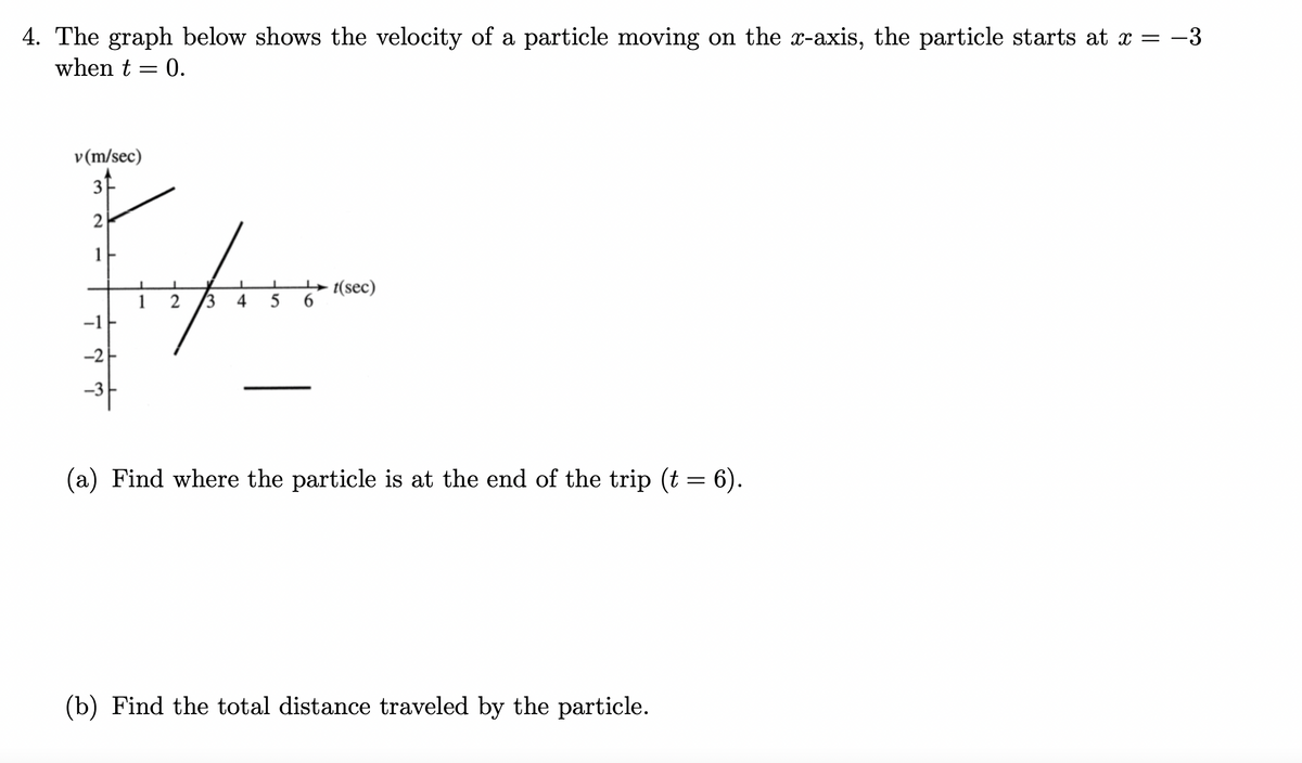 4. The graph below shows the velocity of a particle moving on the x-axis, the particle starts at x = −3
when t = 0.
v (m/sec)
31
2
↓
-2
€1
1
1 2 3 4 5
t(sec)
(a) Find where the particle is at the end of the trip (t = 6).
(b) Find the total distance traveled by the particle.