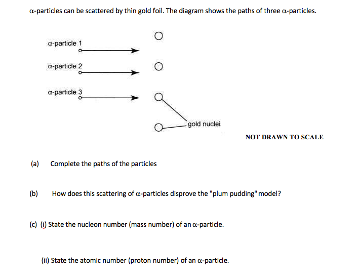 a-particles can be scattered by thin gold foil. The diagram shows the paths of three a-particles.
a-particle 1
a-particle 2
a-particle 3
gold nuclei
NOT DRAWN TO SCALE
(a) Complete the paths of the particles
(b)
How does this scattering of a-particles disprove the "plum pudding" model?
(c) (i) State the nucleon number (mass number) of an a-particle.
(ii) State the atomic number (proton number) of an a-particle.
