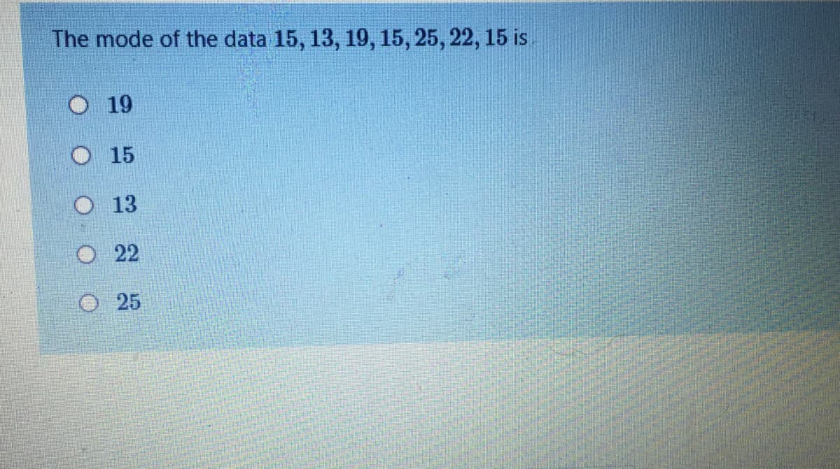 The mode of the data 15, 13, 19, 15, 25, 22, 15 is
O 19
O 15
O 13
О 22
О 25
