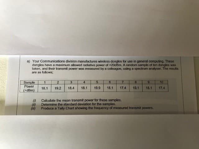a) Your Communications division manufactures wireless dongles for use in general computing. These
dongles have a maximum allowed radiative power of +20dBm. A random sample of ten dongles was
taken, and their transmit power was measured by a colleague, using a spectrum analyser. The results
are as follows;
Sample
Power
(+dBm)
(0)
(im)
1
2
3
4
5
6
18.1 19.2 18,4 18.1 19.9 18.1
7
8
9
10
17.4 19.1 18.1 17.4
Calculate the mean transmit power for these samples.
Determine the standard deviation for the samples.
Produce a Tally Chart showing the frequency of measured transmit powers.