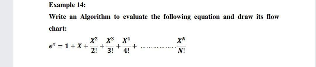 Example 14:
Write an Algorithm to evaluate the following equation and draw its flow
chart:
x2 X3 x4
+
2!
XN
et = 1+ X +
......
3!
4!
N!
