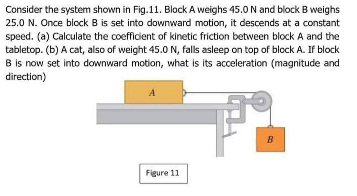 Consider the system shown in Fig.11. Block A weighs 45.0 N and block B weighs
25.0 N. Once block B is set into downward motion, it descends at a constant
speed. (a) Calculate the coefficient of kinetic friction between block A and the
tabletop. (b) A cat, also of weight 45.0 N, falls asleep on top of block A. If block
B is now set into downward motion, what is its acceleration (magnitude and
direction)
A
Figure 11
