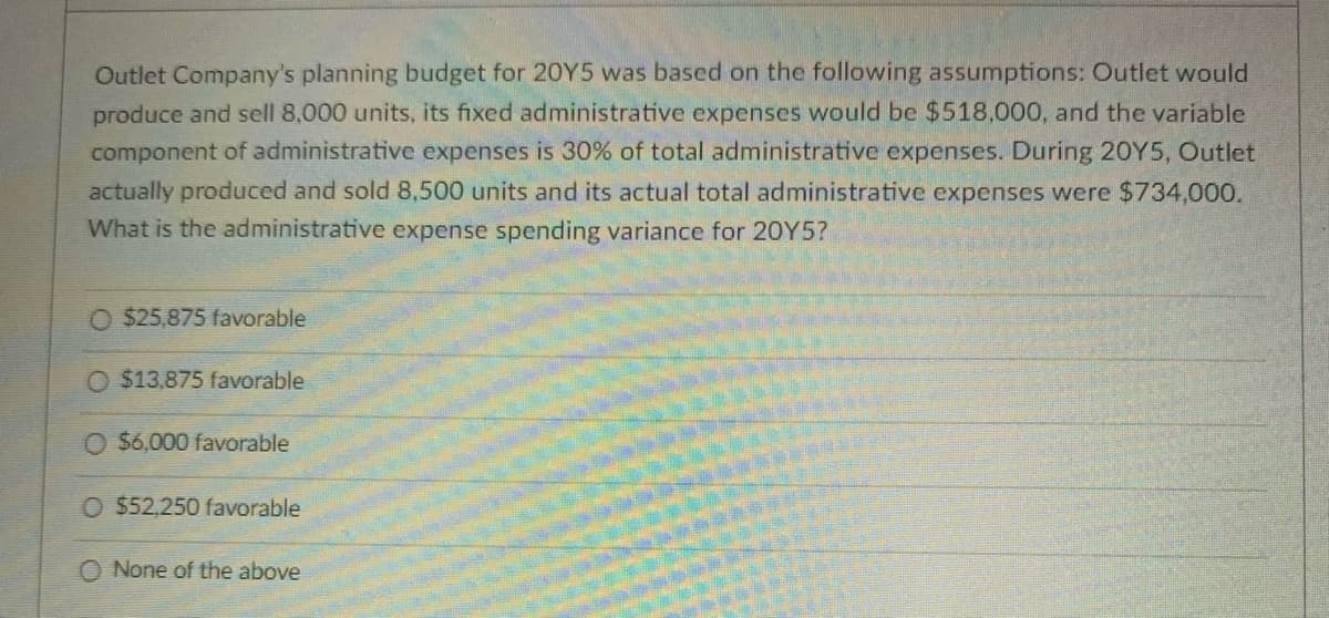 Outlet Company's planning budget for 20Y5 was based on the following assumptions: Outlet would
produce and sell 8,000 units, its fixed administrative expenses would be $518,000, and the variable
component of administrative expenses is 30% of total administrative expenses. During 20Y5, Outlet
actually produced and sold 8,500 units and its actual total administrative expenses were $734,000.
What is the administrative expense spending variance for 20Y5?
$25,875 favorable
$13,875 favorable
$6,000 favorable
O $52,250 favorable
O None of the above