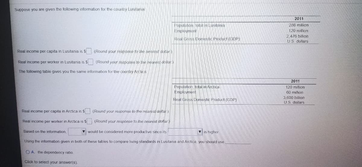 Suppose you are given the following information for the country Lusitania
2011
288 million
Population total in Lusitania
Employment
120 million
2.476 billion
US. dollars
Roal Gross Doniestic Product (GDP)
Real income per capita in Lusitania is $
(Round your response to the nearest dollar)
Real income per worker in Lusitania is $
(Round your response to the nearest dollar
The following table gives you the same information for the country Arctica
2011
Population, total in Arctica
Employment
120 million
60 million
Real Gross Domestic Product (GDP)
3,600 billion
US. dollars
Real income per capita in Arctica is $
(Round your response to the nearest dollar)
Real income per worker in Arctica is $. (Round your response to the nearest dollar)
Based on the information,
V would be considered more productive since its
V is higher
Using the information given in both of these tables to compare living standards in Lusitania and Arctica, you should use
O A. the dependency ratio.
Click to select your answer().
