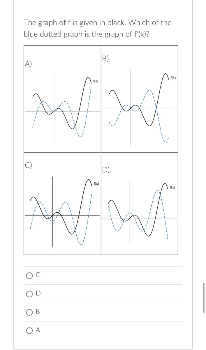 The graph of f is given in black. Which of the
blue dotted graph is the graph of f'(x)?
A)
O
O
()
D
B
O A
f(x)
वीर्य
f(x)
f(x)
f(x)