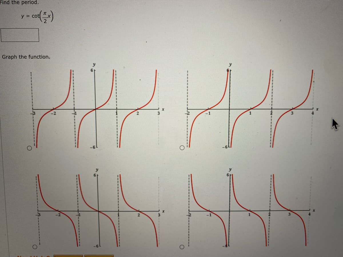 Find the period.
co)
y =
Graph the function.
-2
-1
