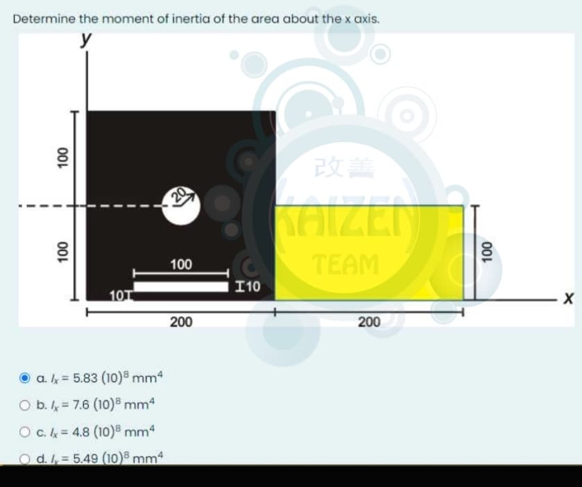 Determine the moment of inertia of the area about the x axis.
y
改善
20
TEAM
100
I10
10T
200
200
O a. l = 5.83 (10)8 mm4
O b. l = 7.6 (10)® mm4
O c. k = 4.8 (10)® mm4
Od.= 5.49 (10)8 mm4
00L
00L
