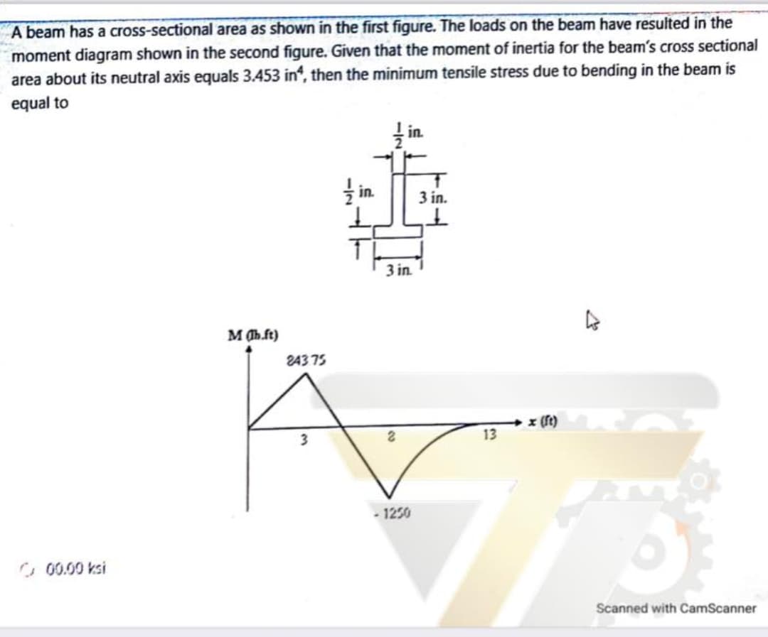 A beam has a cross-sectional area as shown in the first figure. The loads on the beam have resulted in the
moment diagram shown in the second figure. Given that the moment of inertia for the beam's cross sectional
area about its neutral axis equals 3.453 in, then the minimum tensile stress due to bending in the beam is
equal to
글 in.
in
3 in.
3 in
M (h.ft)
24375
x (ft)
13
- 1250
400.00 ksi
Scanned with CamScanner
