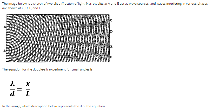 The image below is a sketch of two-slit diffraction of light. Narrow slits at A and B act as wave sources, and waves interfering in various phases
are shown at C, D, E, and F.
B
The equation for the double-slit experiment for small angles is
λ
d
=
x
L
In the image, which description below represents the d of the equation?