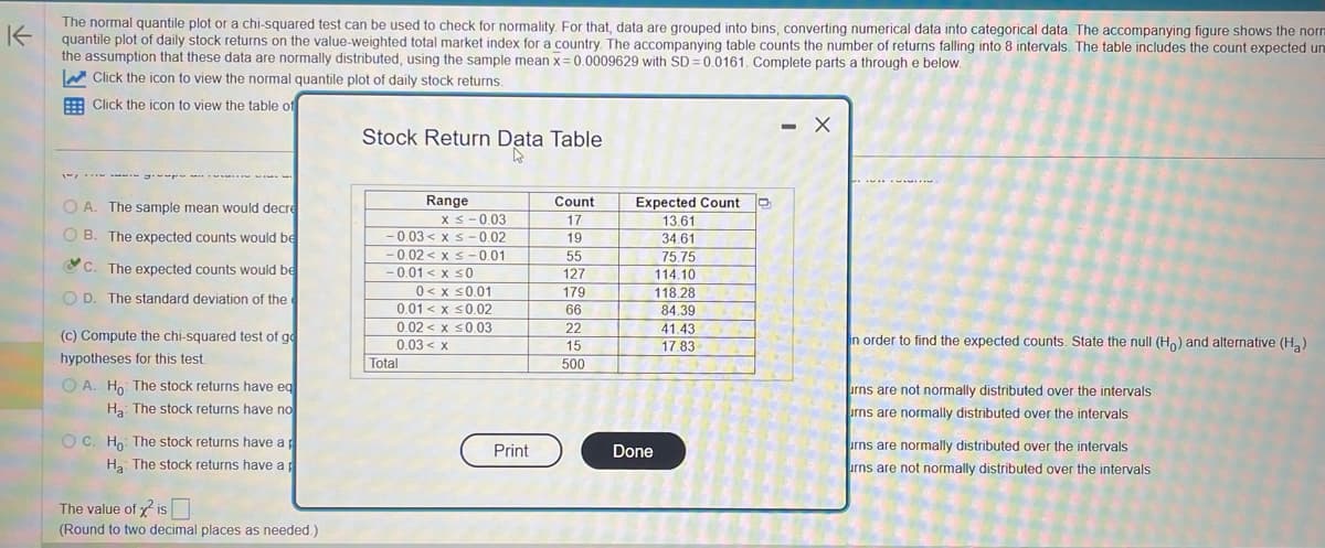 K
The normal quantile plot or a chi-squared test can be used to check for normality. For that, data are grouped into bins, converting numerical data into categorical data. The accompanying figure shows the norm
quantile plot of daily stock returns on the value-weighted total market index for a country. The accompanying table counts the number of returns falling into 8 intervals. The table includes the count expected un
the assumption that these data are normally distributed, using the sample mean x=0.0009629 with SD=0.0161. Complete parts a through e below.
Click the icon to view the normal quantile plot of daily stock returns.
Click the icon to view the table of
10/11
OA. The sample mean would decre
OB. The expected counts would be
C. The expected counts would be
OD. The standard deviation of the
(c) Compute the chi-squared test of go
hypotheses for this test.
OA. Ho: The stock returns have eq
Ha: The stock returns have no
OC. Ho: The stock returns have a p
Ha: The stock returns have a p
The value of x² is
(Round to two decimal places as needed.)
Stock Return Data Table
Range
x ≤ -0.03
-0.03< x≤ -0.02
-0.02 x ≤ -0.01
-0.01 < x ≤0
0< x ≤0.01
0.01 < x ≤0.02
0.02 x ≤0.03
0.03 < x
Total
Print
Count
17
19
55
127
179
66
22
15
500
Expected Count
13.61
34.61
75.75
114.10
118.28
84.39
41.43
17.83
Done
X
in order to find the expected counts. State the null (Ho) and alternative (H₂)
urns are not normally distributed over the intervals
urns are normally distributed over the intervals
urns are normally distributed over the intervals
urns are not normally distributed over the intervals