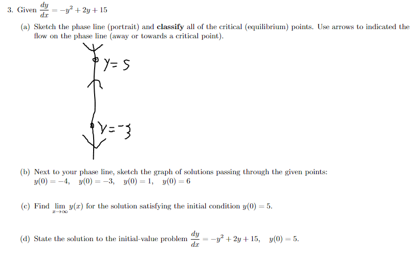 dy
3. Given
dx
= -y? + 2y + 15
(a) Sketch the phase line (portrait) and classify all of the critical (equilibrium) points. Use arrows to indicated the
flow on the phase line (away or towards a critical point).
Y= S
(b) Next to your phase line, sketch the graph of solutions passing through the given points:
y(0) = -4, y(0) = -3, y(0) = 1, y(0) = 6
(c) Find lim y(r) for the solution satisfying the initial condition y(0) = 5.
dy
= -y? + 2y + 15, y(0) = 5.
d.r
(d) State the solution to the initial-value problem
