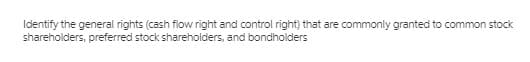 Identify the general rights (cash filow right and control right) that are commonly granted to common stock
shareholders, preferred stock shareholders, and bondholders
