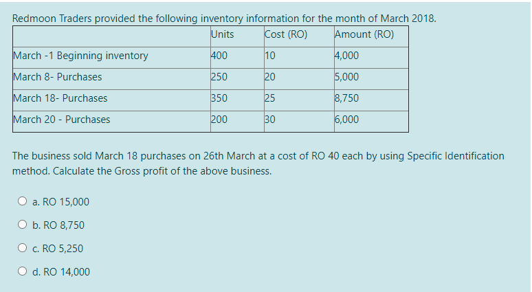 Redmoon Traders provided the following inventory information for the month of March 2018.
Units
Cost (RO)
Amount (RO)
March -1 Beginning inventory
400
10
4,000
March 8- Purchases
250
20
5,000
March 18- Purchases
350
25
8,750
March 20 - Purchases
200
30
6,000
The business sold March 18 purchases on 26th March at a cost of RO 40 each by using Specific Identification
method. Calculate the Gross profit of the above business.
O a. RO 15,000
O b. RO 8,750
O c. RO 5,250
O d. RO 14,000
