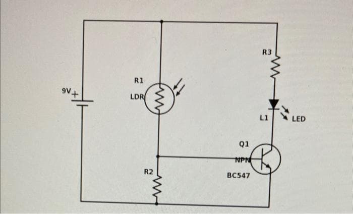 9V+
T
R1
LDR
R2
www
Q1
NPN
BC547
R3
L1
LED