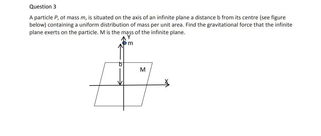 Question 3
A particle P, of mass m, is situated on the axis of an infinite plane a distance b from its centre (see figure
below) containing a uniform distribution of mass per unit area. Find the gravitational force that the infinite
plane exerts on the particle. M is the mass of the infinite plane.
m
b
3