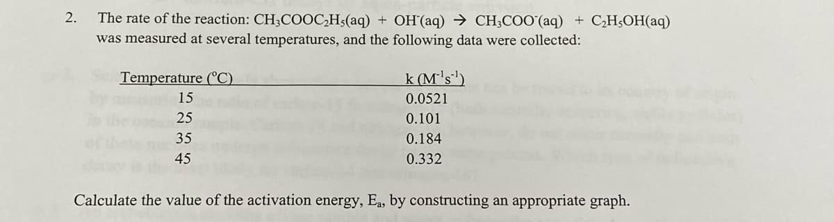 2.
The rate of the reaction: CH3COOC,Hs(aq) + OH(aq) → CH;COO'(aq) + CH;OH(aq)
was measured at several temperatures, and the following data were collected:
Temperature (°C).
k (M's')
15
0.0521
25
0.101
35
0.184
45
0.332
Calculate the value of the activation energy, Ea, by constructing an appropriate graph.
