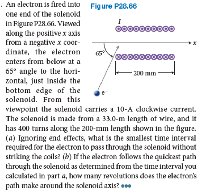 . An electron is fired into
one end of the solenoid
Figure P28.66
I
in Figure P28.66. Viewed
along the positive x axis
from a negative x coor-
dinate, the electron
00
65°
enters from below at a
65° angle to the hori-
zontal, just inside the
bottom edge of the
solenoid. From this
200 mm
viewpoint the solenoid carries a 10-A clockwise current.
The solenoid is made from a 33.0-m length of wire, and it
has 400 turns along the 200-mm length shown in the figure.
(a) Ignoring end effects, what is the smallest time interval
required for the electron to pass through the solenoid without
striking the coils? (b) If the electron follows the quickest path
through the solenoid as determined from the time interval you
calculated in part a, how many revolutions does the electron's
path make around the solenoid axis? •0.
