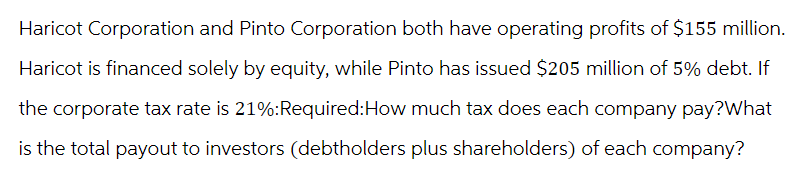 Haricot Corporation and Pinto Corporation both have operating profits of $155 million.
Haricot is financed solely by equity, while Pinto has issued $205 million of 5% debt. If
the corporate tax rate is 21%:Required:How much tax does each company pay? What
is the total payout to investors (debtholders plus shareholders) of each company?