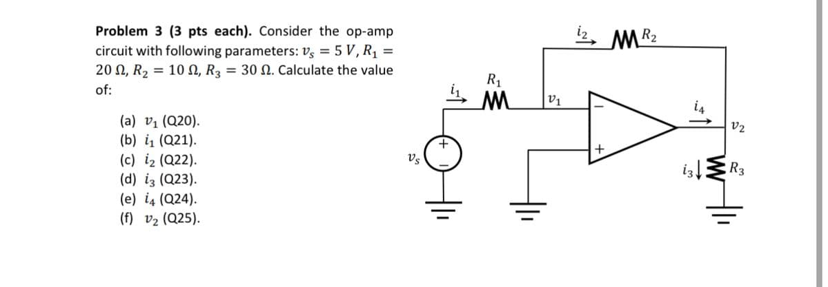 Problem 3 (3 pts each). Consider the op-amp
circuit with following parameters: V₁ = 5V, R₁ =
20, R₂ =102, R3 = 30. Calculate the value
of:
(a) v₁ (Q20).
(b) i₁ (Q21).
(c) iz (Q22).
(d) i3 (Q23).
(e) 14 (Q24).
(f) v₂ (Q25).
Vs
R₁
11, M
V1
MR2
i4
V2
R3