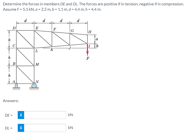 Determine the forces in members DE and DL. The forces are positive if in tension, negative if in compression.
Assume F = 5.5 kN, a = 2.2 m, b = 1.1 m, d = 4.4 m, h = 4.4 m.
d
d
d
d
D
E
F
G
H
h
a
K
L
h
F
B
M
Answers:
DE =
i
kN
DL =
i
kN
