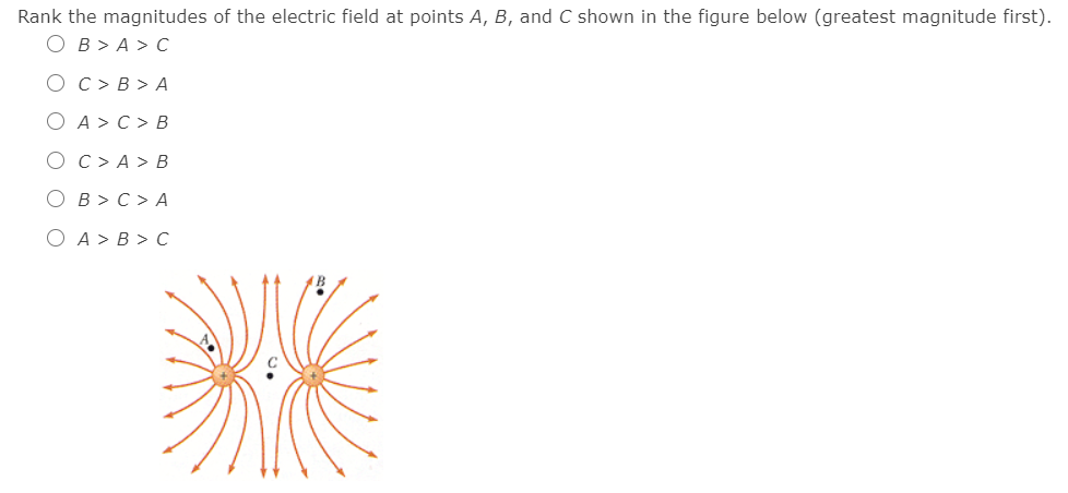 Rank the magnitudes of the electric field at points A, B, and C shown in the figure below (greatest magnitude first).
OB> A > C
Oc>B > A
O A>C> B
O c> A > B
OB > C > A
O A> B > C
