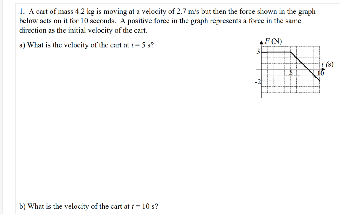 1. A cart of mass 4.2 kg is moving at a velocity of 2.7 m/s but then the force shown in the graph
below acts on it for 10 seconds. A positive force in the graph represents a force in the same
direction as the initial velocity of the cart.
a) What is the velocity of the cart at t = 5 s?
AF (N)
3
t (s)
10
-2
b) What is the velocity of the cart at t = 10 s?
