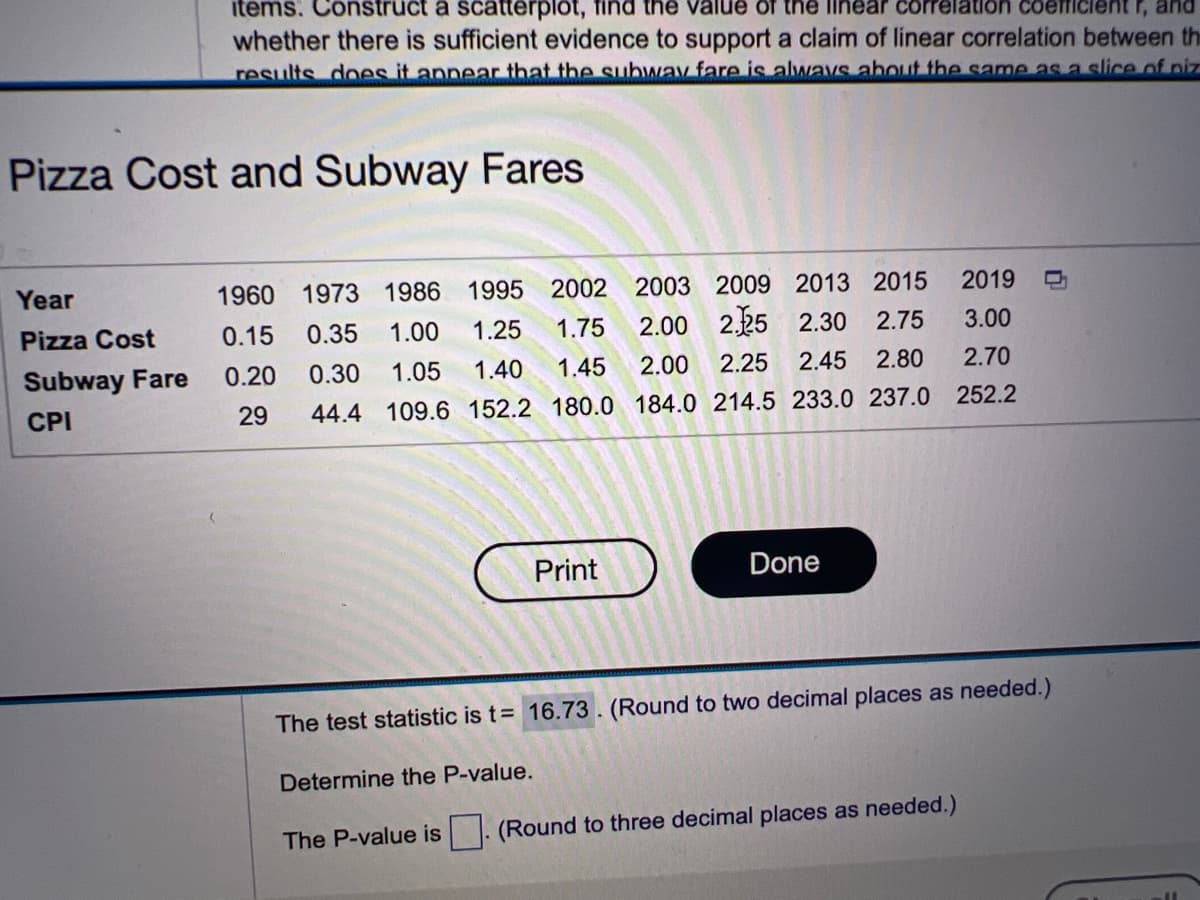 items. Construct a scatterplot, find the value of the linear correlation coefficie
r, and
whether there is sufficient evidence to support a claim of linear correlation between th
results does it annear that the subway fare is always about the same as a slice of piz
Pizza Cost and Subway Fares
Year
Pizza Cost
Subway Fare
CPI
1960 1973 1986 1995 2002 2003 2009 2013 2015
2019
1.25 1.75 2.00
3.00
0.15 0.35 1.00
0.20
2.25 2.30 2.75
2.25 2.45 2.80 2.70
0.30 1.05 1.40
29 44.4 109.6 152.2 180.0 184.0 214.5 233.0 237.0 252.2
2.00
1.45
Print
The P-value is
Done
The test statistic is t= 16.73. (Round to two decimal places as needed.)
Determine the P-value.
(Round to three decimal places as needed.)