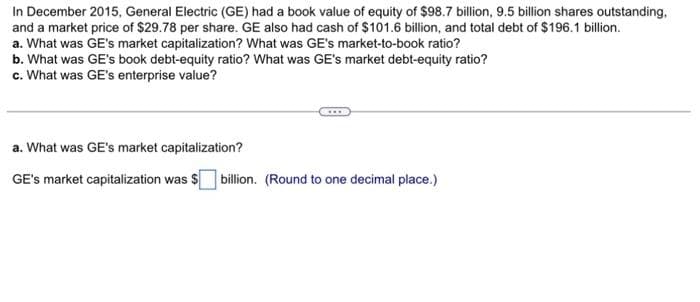 In December 2015, General Electric (GE) had a book value of equity of $98.7 billion, 9.5 billion shares outstanding.
and a market price of $29.78 per share. GE also had cash of $101.6 billion, and total debt of $196.1 billion.
a. What was GE's market capitalization? What was GE's market-to-book ratio?
b. What was GE's book debt-equity ratio? What was GE's market debt-equity ratio?
c. What was GE's enterprise value?
a. What was GE's market capitalization?
GE's market capitalization was $ billion. (Round to one decimal place.)