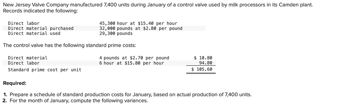 New Jersey Valve Company manufactured 7,400 units during January of a control valve used by milk processors in its Camden plant.
Records indicated the following:
Direct labor
Direct material purchased
Direct material used
The control valve has the following standard prime costs:
45,300 hour at $15.40 per hour
32,000 pounds at $2.80 per pound
29,300 pounds
Direct material
Direct labor
Standard prime cost per unit
4 pounds at $2.70 per pound
6 hour at $15.80 per hour
$ 10.80
94.80
$ 105.60
Required:
1. Prepare a schedule of standard production costs for January, based on actual production of 7,400 units.
2. For the month of January, compute the following variances.