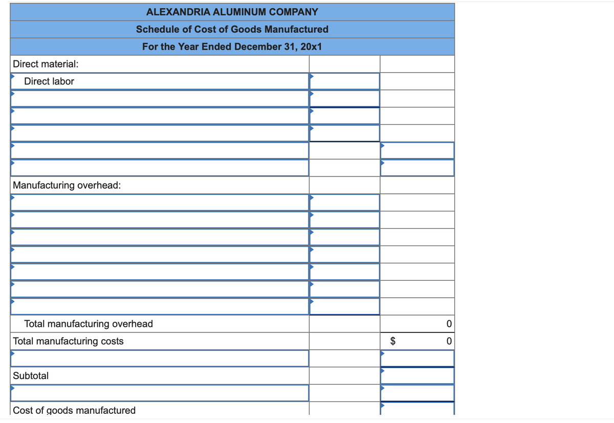 Direct material:
Direct labor
Manufacturing overhead:
Total manufacturing overhead
Total manufacturing costs
Subtotal
ALEXANDRIA ALUMINUM COMPANY
Schedule of Cost of Goods Manufactured
For the Year Ended December 31, 20x1
Cost of goods manufactured
$
0
0